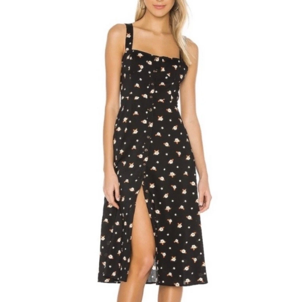 Weworewhat Black Floral Harper Retro Button Front Midi Dress Size Medium